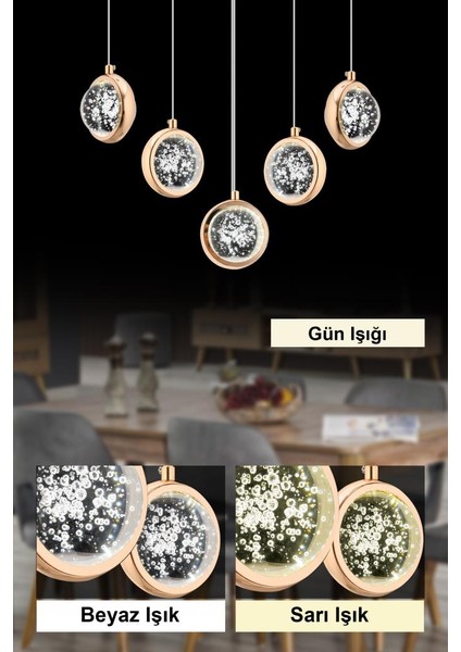 Istanbul Avize Yemek Masası Dünya 5'li Gold Üç Renk Ledli Lüx Modern Avize
