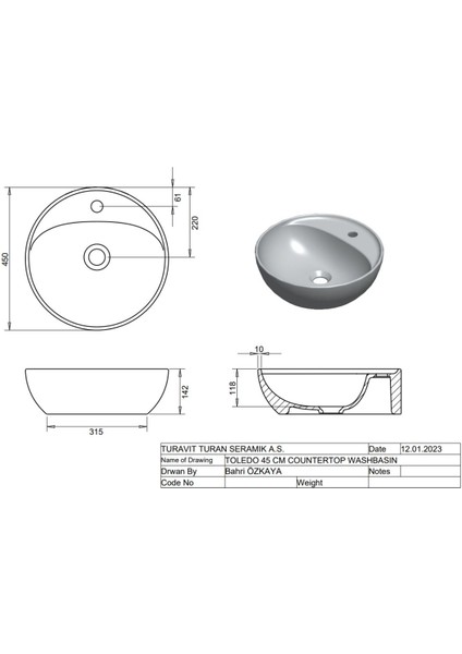 Tld 0712 Toledomix Çanak Lavabo Batarya Delikli 40 cm