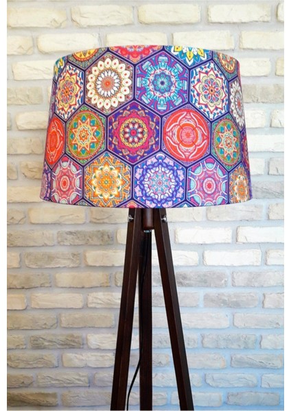 Mandala Serisi Altıgen Desen,3 Ayaklı Tripod Ahşap Lambader( Mor Şapka / Koyu Ceviz Ayak)