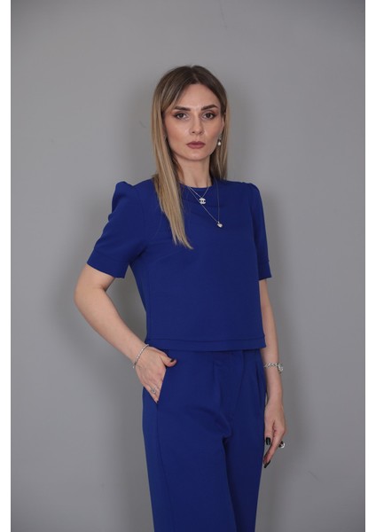 Kayık Yaka Kısa Kol Bluz-Saks