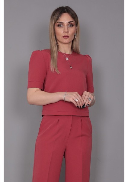 Kayık Yaka Kısa Kol Bluz-Kiremit