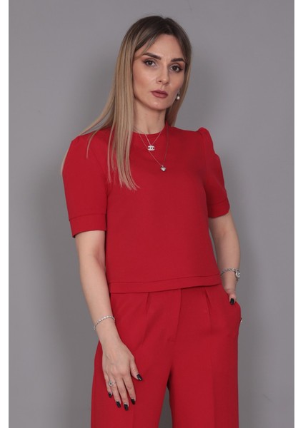 Kayık Yaka Kısa Kol Bluz-Kırmızı modelleri