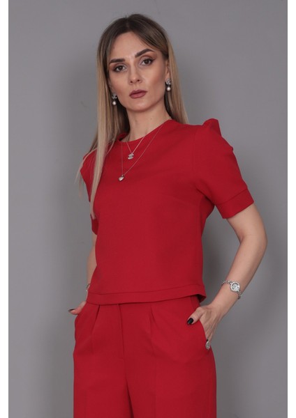 Kayık Yaka Kısa Kol Bluz-Kırmızı indirimleri