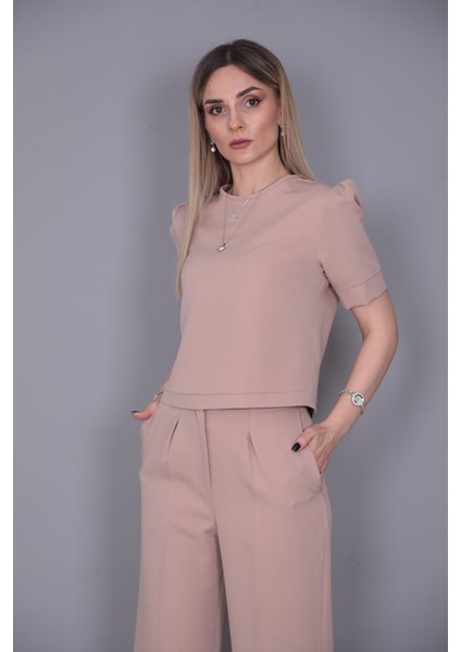 Kayık Yaka Kısa Kol Bluz-Taş