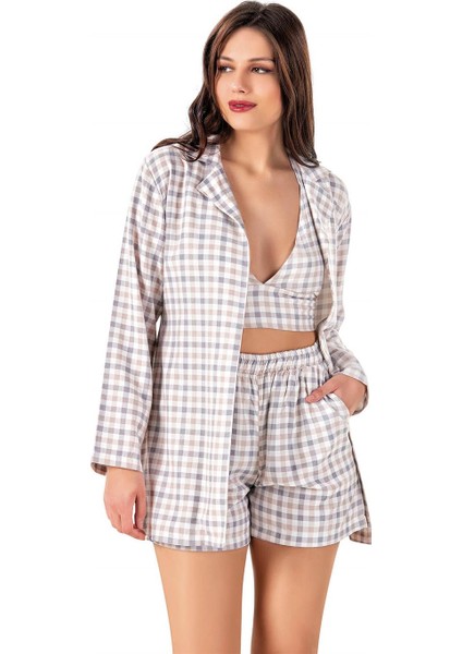 Kadın Yazlık Dokuma Ekose Büstiyerli Sabahlıklı Üçlü Takım Homewear Flz 31-60