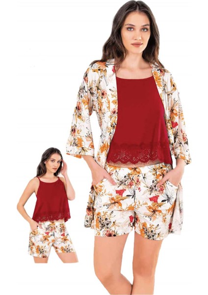 Kadın Yazlık Sabahlıklı Ip Askılı Şort Üçlü Takım Homewear Flz 31-69
