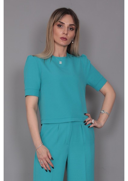 Kayık Yaka Kısa Kol Bluz-Turkuaz