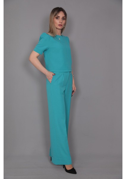 Kayık Yaka Kısa Kol Bluz-Turkuaz fırsatları