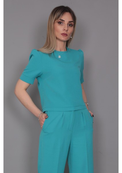 Kayık Yaka Kısa Kol Bluz-Turkuaz indirimleri