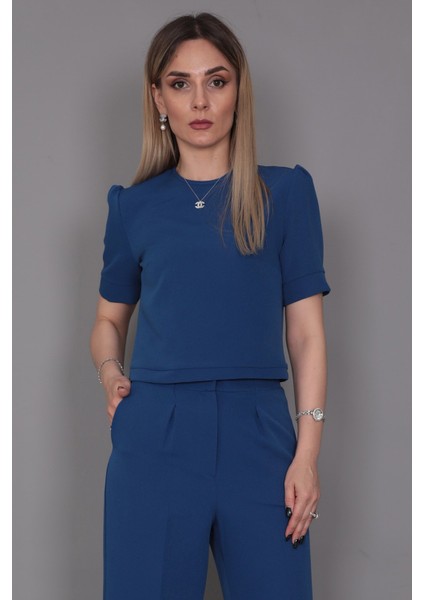 Kayık Yaka Kısa Kol Bluz-Indigo