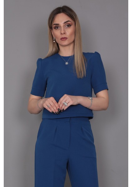 Kayık Yaka Kısa Kol Bluz-Indigo indirimleri
