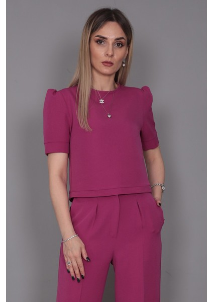 Kayık Yaka Kısa Kol Bluz-Fuşya