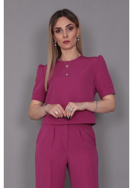 Kayık Yaka Kısa Kol Bluz-Fuşya fırsatları