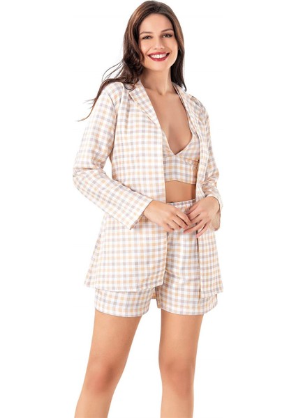 Kadın Yazlık Dokuma Ekose Büstiyerli Sabahlıklı Üçlü Takım Homewear Flz 31-60
