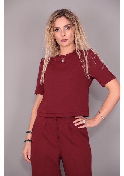 Kayık Yaka Kısa Kol Bluz-Bordo