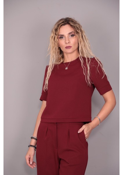 Kayık Yaka Kısa Kol Bluz-Bordo fırsatları