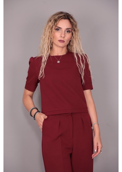 Kayık Yaka Kısa Kol Bluz-Bordo indirimleri