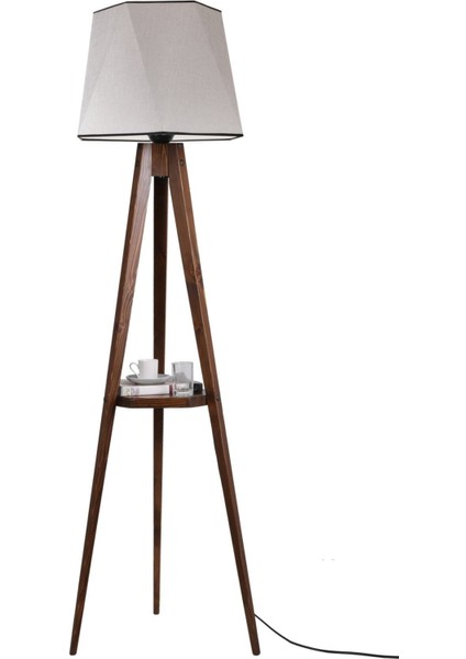 Sehbalı Tripod Lambader Ceviz Altıgen Açık Hasır Gri Abajurlu