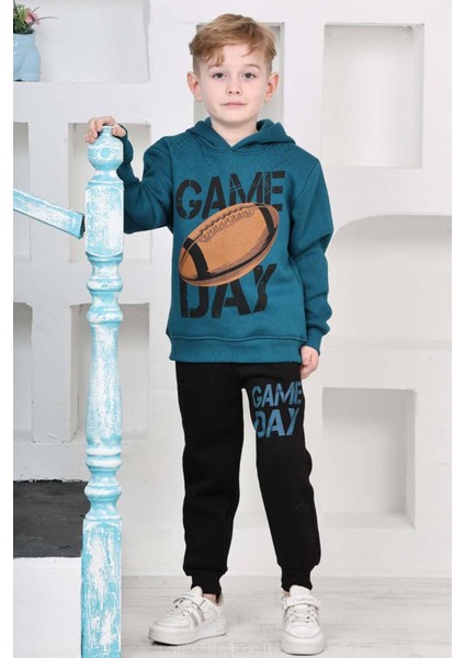 Erkek Çocuk Üzerinde Top ve Game Day Yazı Baskılı Sweatshirt 3 Iplik Lacivert Eşofman Takım