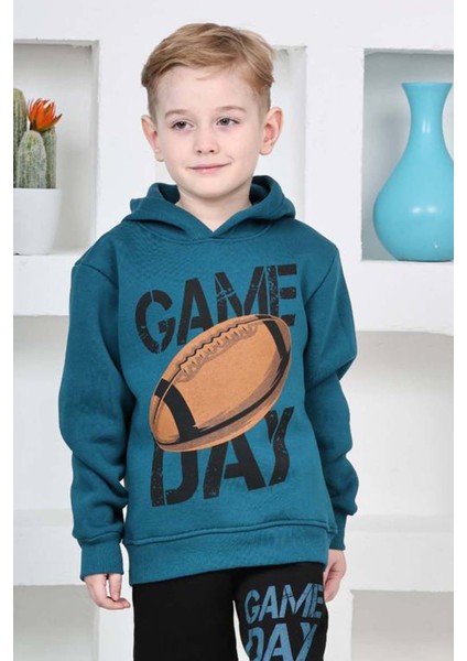 Erkek Çocuk Üzerinde Top ve Game Day Yazı Baskılı Sweatshirt 3 Iplik Lacivert Eşofman Takım