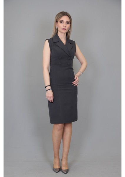 Erkek Yaka Yandan Fermuarlı Elbise-Füme