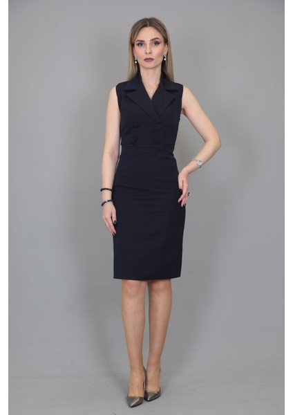 Erkek Yaka Yandan Fermuarlı Elbise-Lacivert modelleri