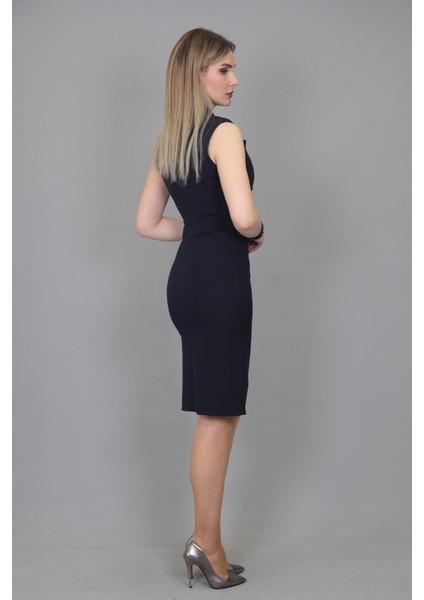 Erkek Yaka Yandan Fermuarlı Elbise-Lacivert indirimleri