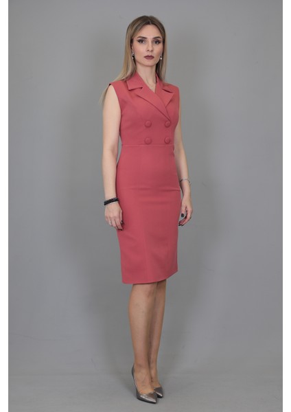 Erkek Yaka Yandan Fermuarlı Elbise-Gül Kurusu fiyatları