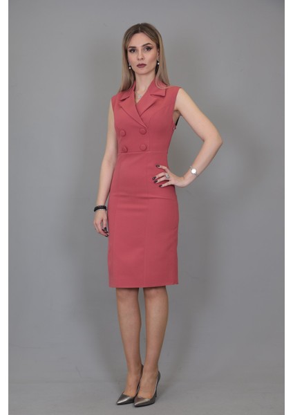 Erkek Yaka Yandan Fermuarlı Elbise-Gül Kurusu modelleri