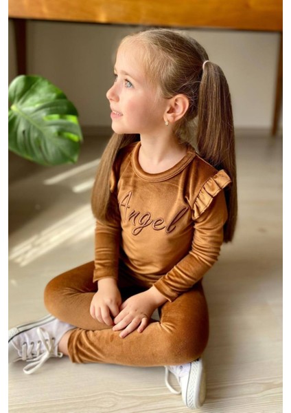 Kız Çocuk Omuzlarında Fırfır Detayı Angel Yazı Işlemeli Kadife Kahverengi Taytlı Takım fiyatları