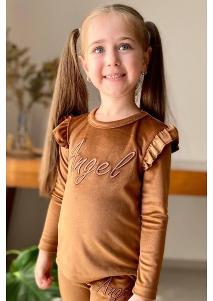 Kız Çocuk Omuzlarında Fırfır Detayı Angel Yazı Işlemeli Kadife Kahverengi Taytlı Takım modelleri