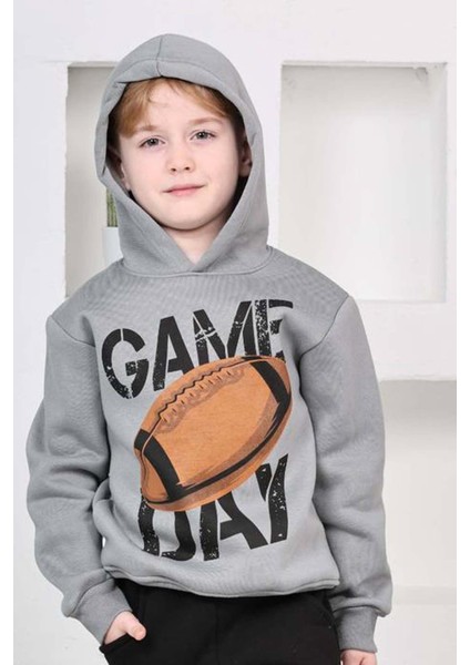 Erkek Çocuk Üzerinde Top ve Game Day Yazı Baskılı Sweatshirt 3 Iplik Gri Eşofman Takım modelleri
