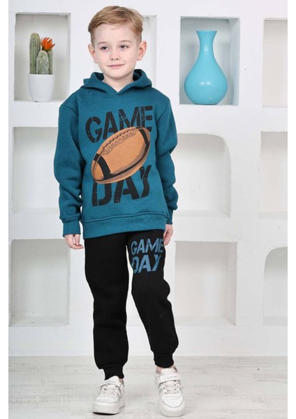 Erkek Çocuk Üzerinde Top ve Game Day Yazı Baskılı Sweatshirt 3 Iplik Lacivert Eşofman Takım fiyatları