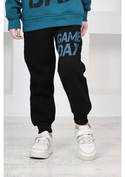 Erkek Çocuk Üzerinde Top ve Game Day Yazı Baskılı Sweatshirt 3 Iplik Lacivert Eşofman Takım fırsatları