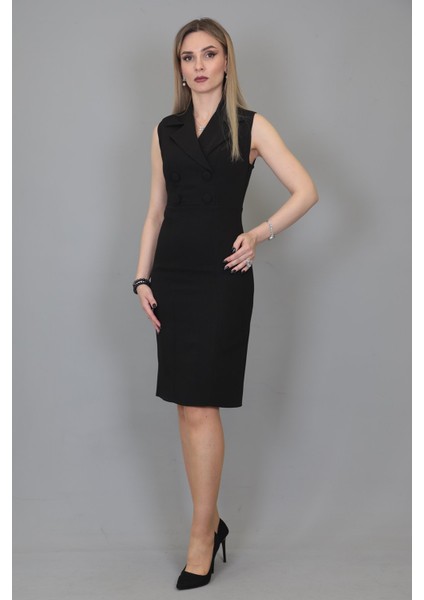 Erkek Yaka Yandan Fermuarlı Elbise-Siyah