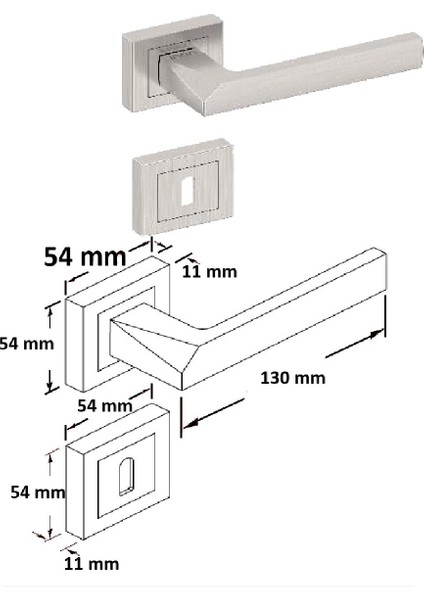 Mine Oda Kapı Kolu, Kare Rozetli, Saten Alüminyum, Komple Set