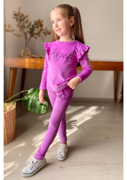 Kız Çocuk Omuzlarında Fırfır Detayı Angel Yazı Işlemeli Kadife Mor Taytlı Takım