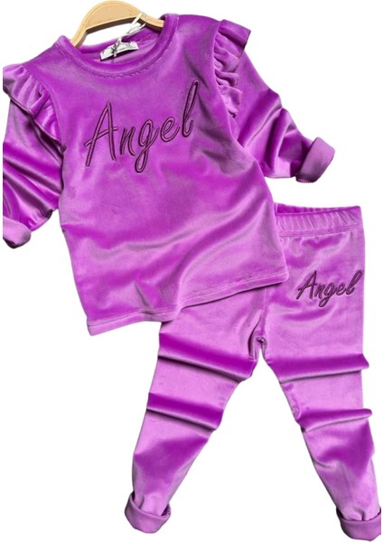 Kız Çocuk Omuzlarında Fırfır Detayı Angel Yazı Işlemeli Kadife Mor Taytlı Takım fırsatları