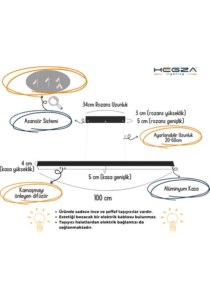 Lineer 100cm (Beyaz Kasa, Sarı Işık) Ledli Modern Sarkıt Linear LED Avize Salon Mutfak Oturma Odası Yatak Odası Antre Hol Ofis LED