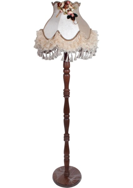 Kumaş Kaplama Ahşap Ayak Lambader Vizon Çiçek Süsleme