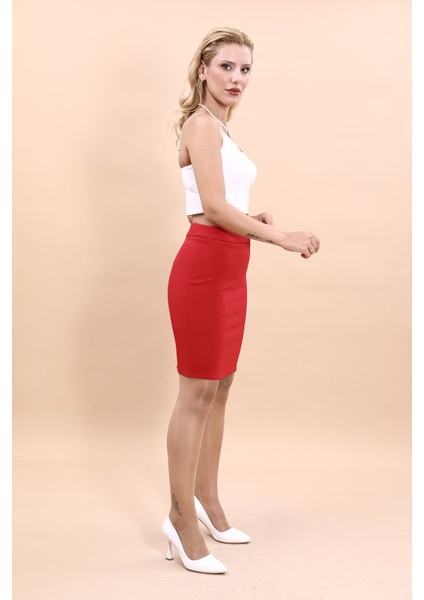 Yırtmaçlı Düz Dar Etek-Kırmızı