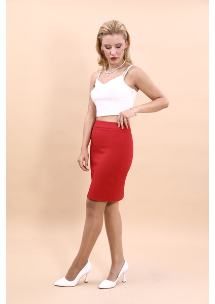 Yırtmaçlı Düz Dar Etek-Kırmızı fiyatları