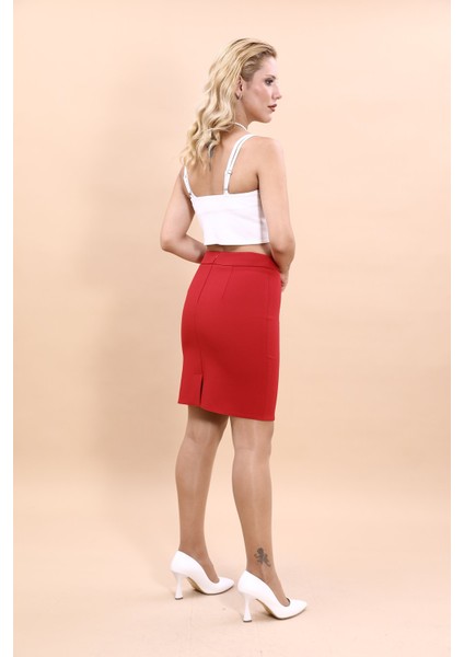 Yırtmaçlı Düz Dar Etek-Kırmızı modelleri