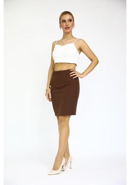 Yırtmaçlı Düz Dar Etek-Kestane