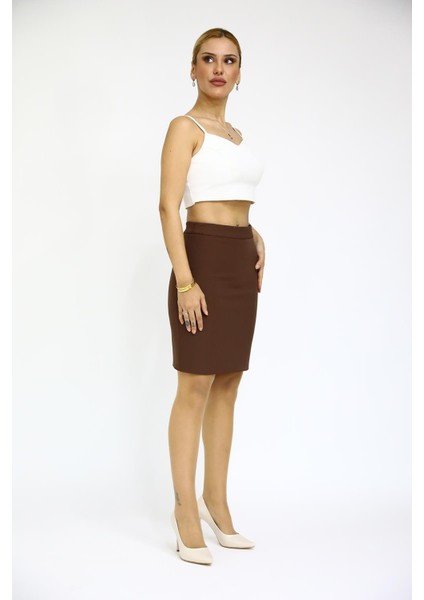 Yırtmaçlı Düz Dar Etek-Kestane modelleri