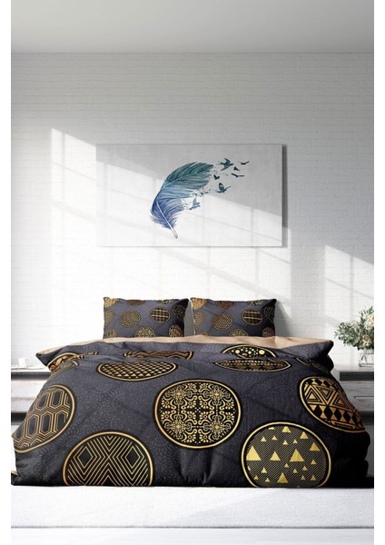 Çift Kişilik Lastikli Çarşaflı Pamuk Saten Gold Black Circle Nevresim Takımı