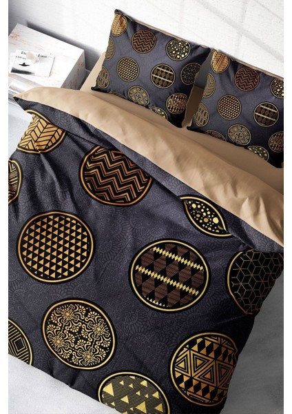 Çift Kişilik Lastikli Çarşaflı Pamuk Saten Gold Black Circle Nevresim Takımı modelleri