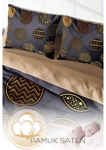 Çift Kişilik Lastikli Çarşaflı Pamuk Saten Gold Black Circle Nevresim Takımı fırsatları
