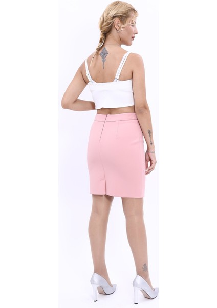 Yırtmaçlı Düz Dar Etek-Pudra modelleri