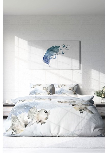 Çift Kişilik Lastikli Çarşaflı Pamuk Saten Snow Bird Nevresim Takımı